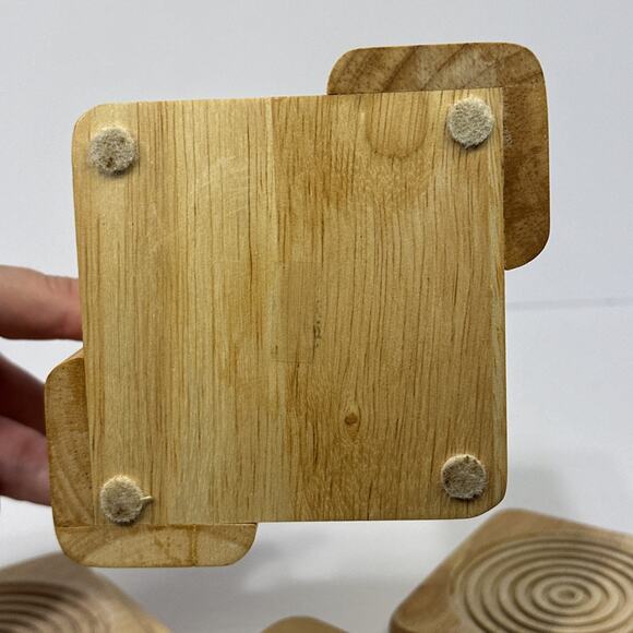 Set of 8 Wooden Drink Coasters with Holder Engraved Circles Rustic Decor - Picture 9 of 9